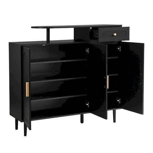 Elegant Shoe Cabinet with Arched Doors and Drawer, Cream Style Storage Sideboard with Adjustable Shelves and Solid Wood Legs