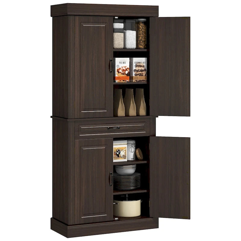 Modern Tall Storage Cabinet with Wide Shelves and Large Drawer and Four Doors for Dining Room