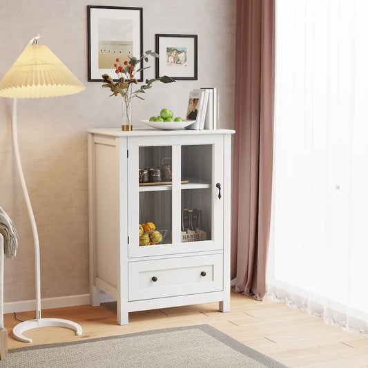 Buffet storage cabinet with glass doors and unique bell handle
