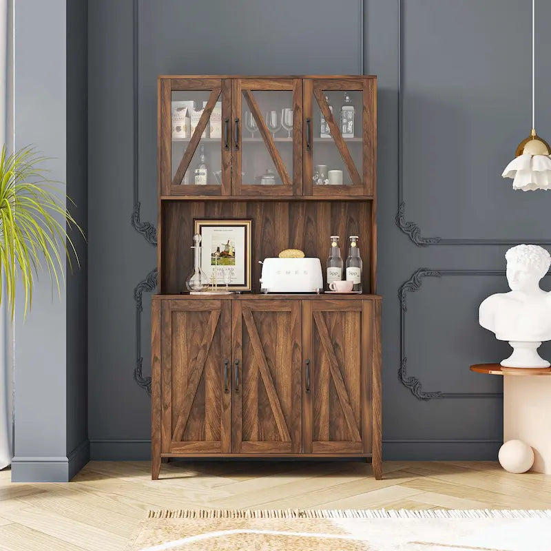 Large Kitchen Pantry Storage Cabinet with Glass Doors,Drawers & Open Shelves