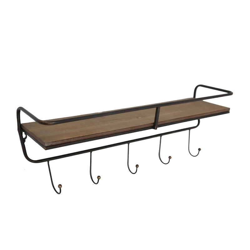 24.25 Brown and Black Single Tier Wall Shelf with Hooks