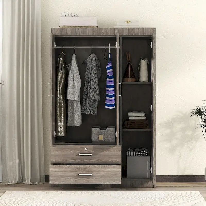 3-Door Wood Wardrobe with Drawers - N/A