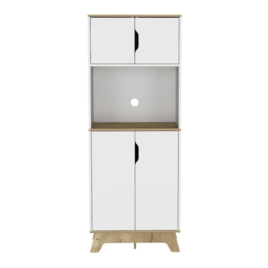 Microwave Tall Cabinet Counter Surface, Top And Lower Double Doors Cabinets -Light Oak / White
