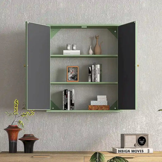 23.62 Vintage Two Door Wall Cabinet with Mirror,Three-level Entrance Storage Space for Living Room,Bathroom,Dining Room,Green