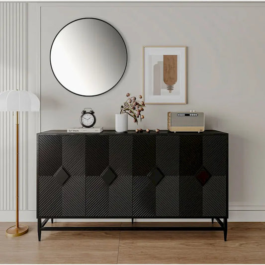 Accent Black Lacquered 4 Door Wooden Cabinet Sideboard Buffet Server Storage Cabinet, for Living Room,Office, Kitchen