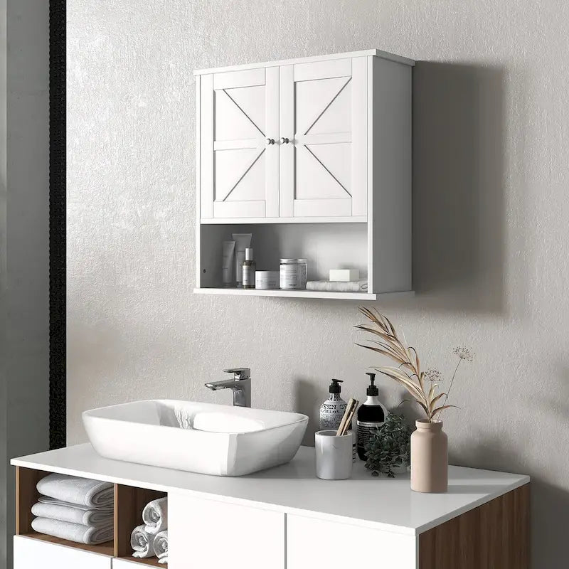 Bathroom Wall Cabinet, Wall Mounted Medicine Cabinet with Open Shelf & Adjustable Shelf, Storage for Laundry Room, White