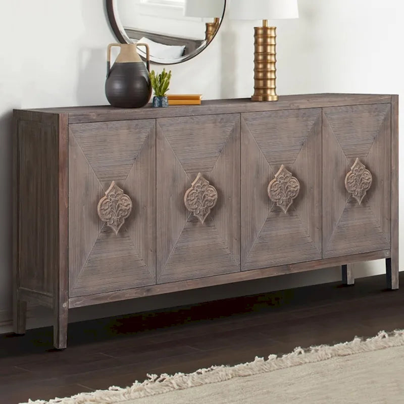 Antique Four Door Cabinet withCarved Flower Door Handle