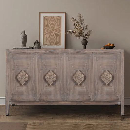 Antique Four Door Cabinet withCarved Flower Door Handle