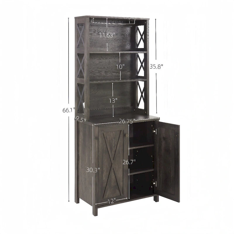 Coffee Bar Cabinet with Microwave Stand Metal Frame Side Home Source Bar Cabinet Cabinet and Hollow out Barn Design Wood Cabinet