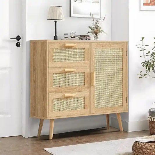 Storage Cabinet with Rattan Door 3 Drawers - 11.8D x 31.5W x 30.7H