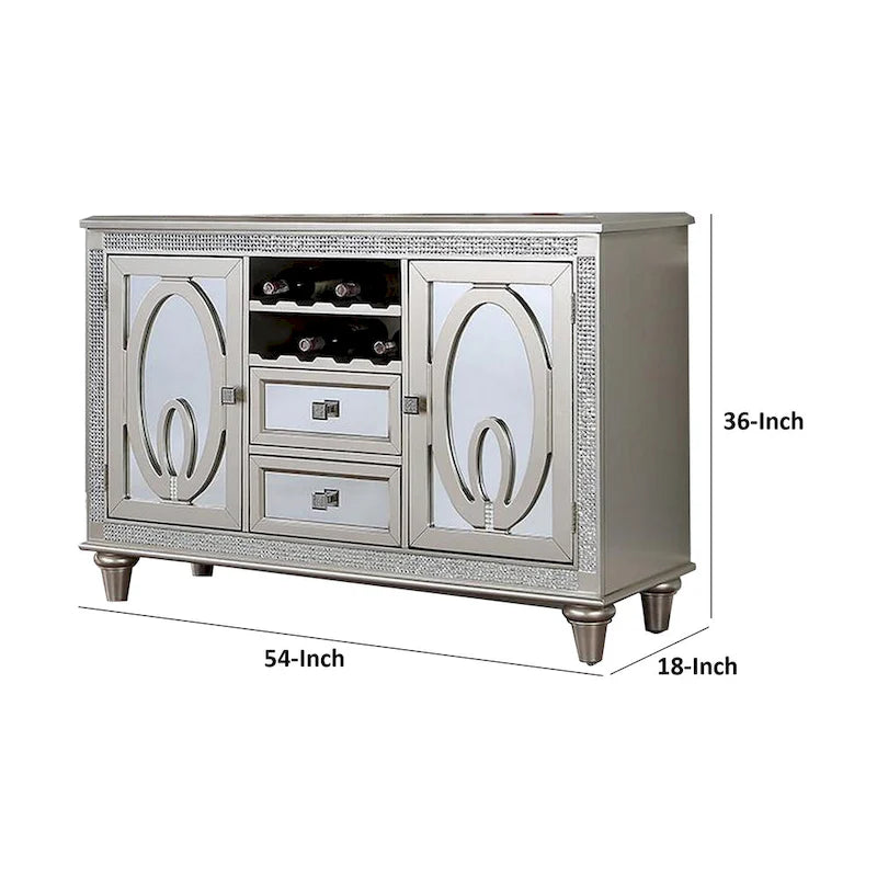 Cate 54 Inch Buffet Server Console, 2 Doors, Wine Rack, Mirrored, Silver