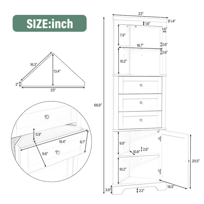 69 Tall Wood 1-door Bathroom Cabinet in Green with Adjustable Shelf