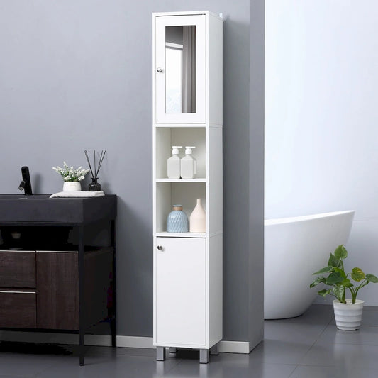 Tall Bathroom Storage Cabinet with Mirror,Wooden Freestanding Tower Cabinet with Adjustable Shelves