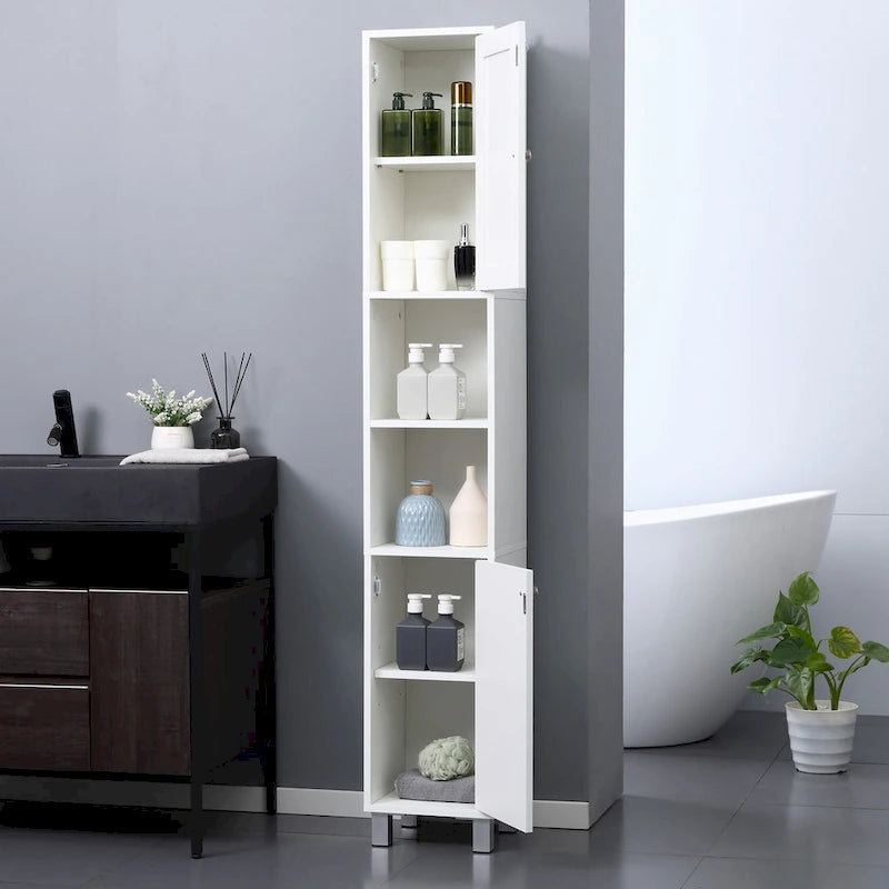 Tall Bathroom Storage Cabinet with Mirror,Wooden Freestanding Tower Cabinet with Adjustable Shelves