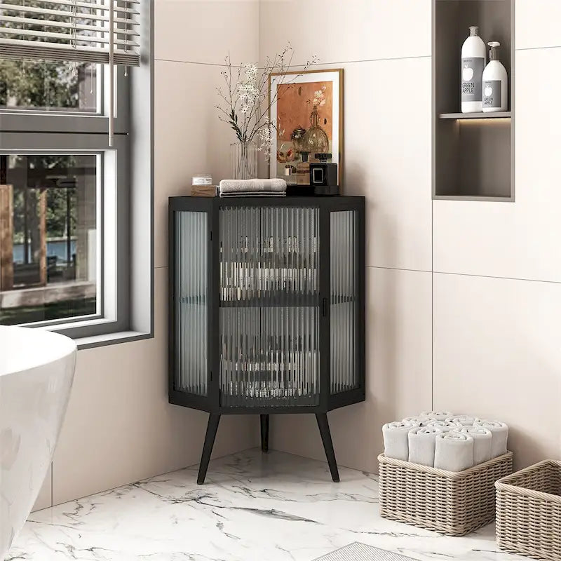Floor Coner Cabinet with Tempered Glass Door and Storage Shelves