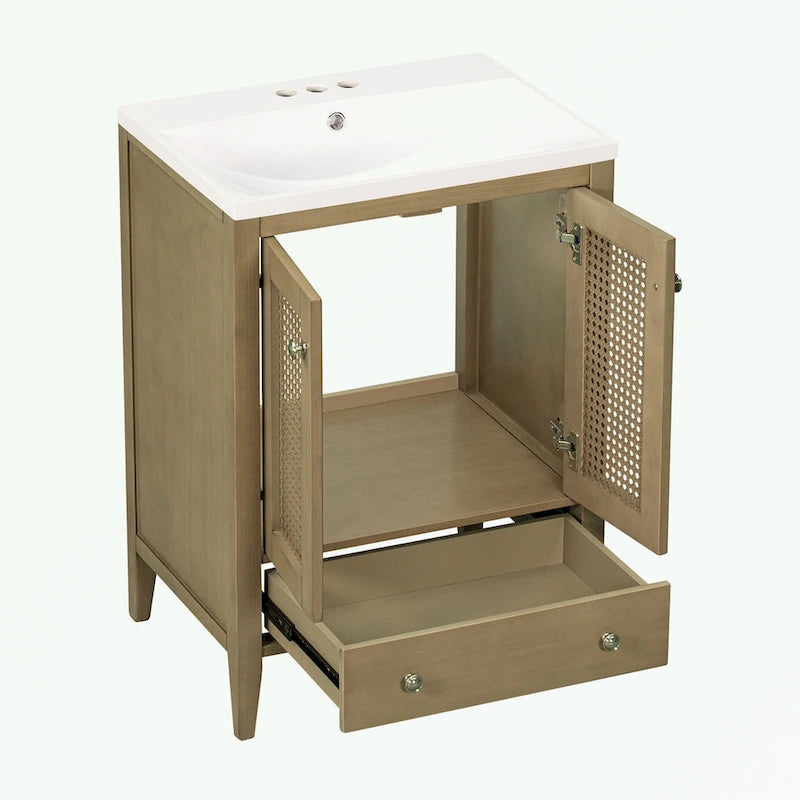 Bathroom Vanity with Ceramic Basin, Two Rattan Doors