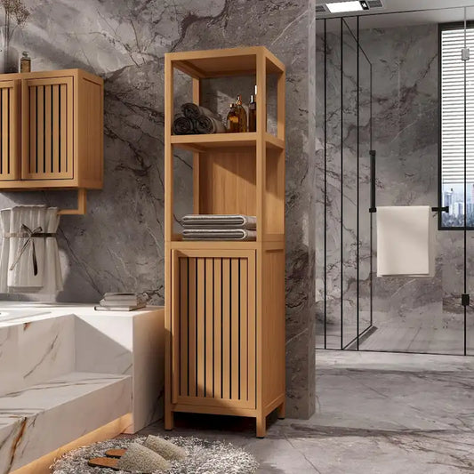 Bathroom Multifunctional Bamboo Storage Cabinet with 2 Open Shelves