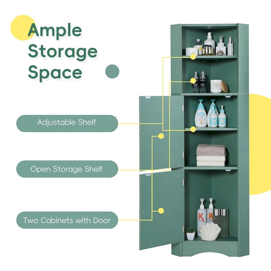 Tall Bathroom Corner Cabinet, Freestanding Storage Cabinet with Doors and Adjustable Shelves, MDF Board, Green