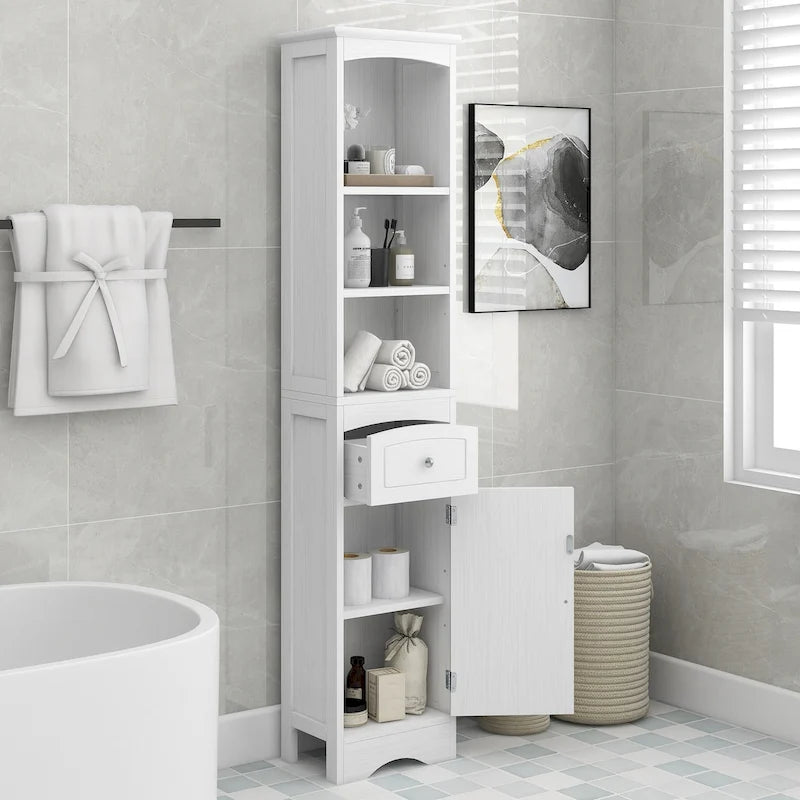 Tall Bathroom Cabinet, Freestanding Storage Cabinet with Drawer, MDF Board, Adjustable Shelf
