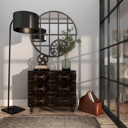 Wood Vintage Faux Leather Room Chest with Rivets and Straps Detailing - Black - Roche River Decor