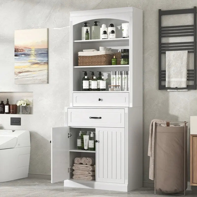 Bathroom Cabinet with 2 Doors, Drawers, Adjustable Shelf & 3 Open Shelves