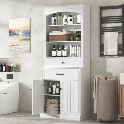 Bathroom Cabinet with 2 Doors, Drawers, Adjustable Shelf & 3 Open Shelves