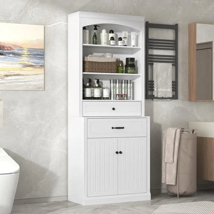 Bathroom Cabinet with 2 Doors, Drawers, Adjustable Shelf & 3 Open Shelves