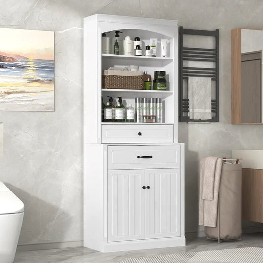 White Bathroom Storage Cabinet with Two Doors, Drawers, Adjustable Shelf & Three Open Shelves - Durable MDF Construction