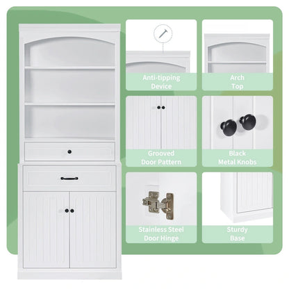 White Bathroom Storage Cabinet with Two Doors, Drawers, Adjustable Shelf & Three Open Shelves - Durable MDF Construction