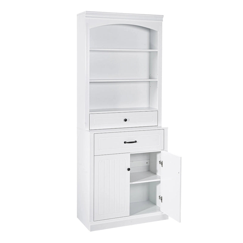 White Bathroom Storage Cabinet with Two Doors, Drawers, Adjustable Shelf & Three Open Shelves - Durable MDF Construction