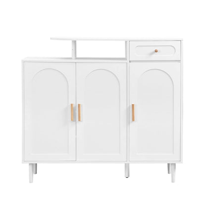 Elegant Shoe Cabinet with Arched Doors and Drawer, Cream Style Storage Sideboard with Adjustable Shelves and Solid Wood Legs