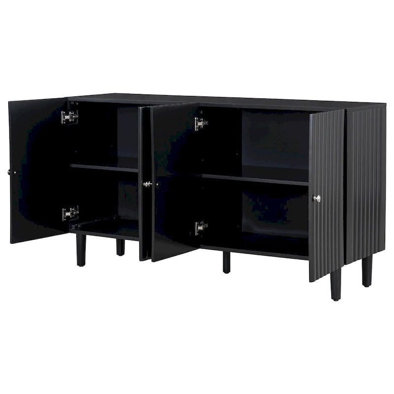 Elegant Four-Door Sideboard with Wavy Pattern Doors, Cylindrical Legs, and Sleek Metal Handles