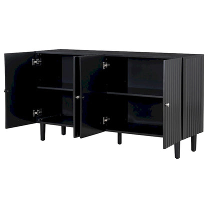 Elegant Four-Door Sideboard with Wavy Pattern Doors, Cylindrical Legs, and Sleek Metal Handles