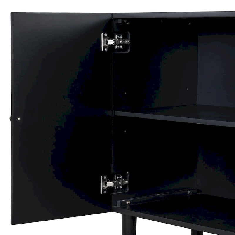 Elegant Four-Door Sideboard with Wavy Pattern Doors, Cylindrical Legs, and Sleek Metal Handles