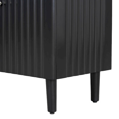 Elegant Four-Door Sideboard with Wavy Pattern Doors, Cylindrical Legs, and Sleek Metal Handles