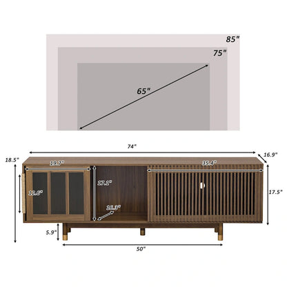 Modern TV Stand with Cat House, Pet-Friendly Entertainment Center with Sliding Glass Door, Flip-Down Media Console