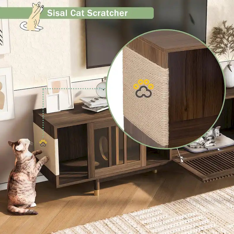 Modern TV Stand with Cat House, Pet-Friendly Entertainment Center with Sliding Glass Door, Flip-Down Media Console