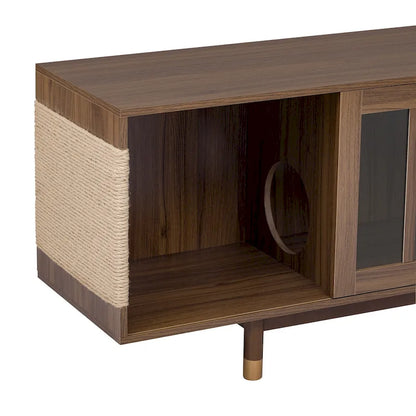 Modern TV Stand with Cat House, Pet-Friendly Entertainment Center with Sliding Glass Door, Flip-Down Media Console