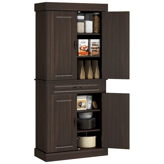 Modern Tall Storage Cabinet with Wide Shelves and Large Drawer and Four Doors for Dining Room