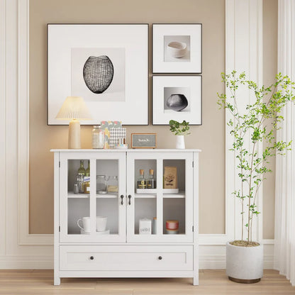 Buffet storage cabinet with glass doors and unique bell handle