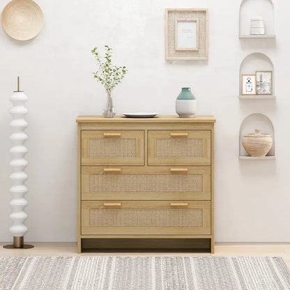 4 Drawers Wood Rattan Cabinet