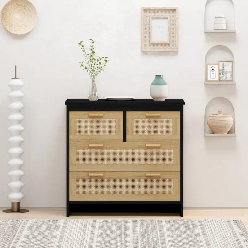 4 Drawers Wood Rattan Cabinet