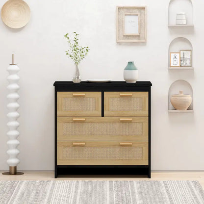 4 Drawers Wood Rattan Cabinet