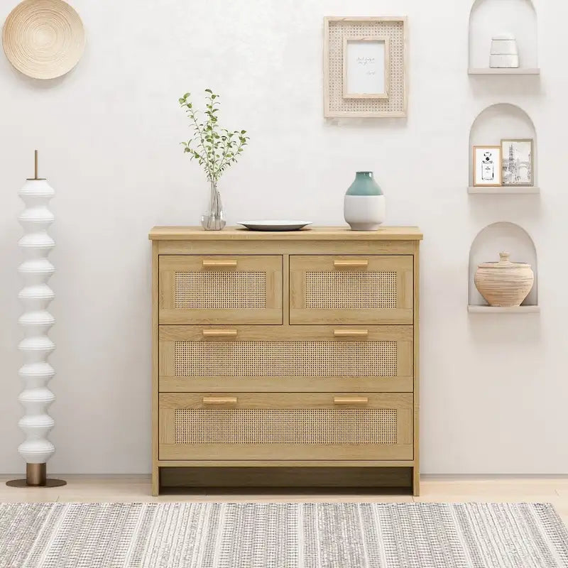 4 Drawers Wood Rattan Cabinet