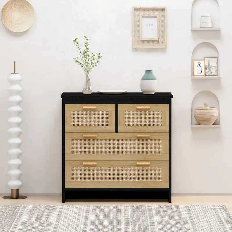 4 Drawers Wood Rattan Cabinet