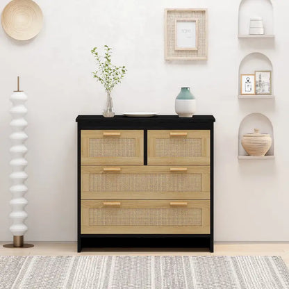 4 Drawers Wood Rattan Cabinet