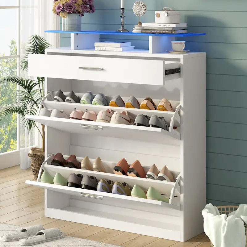 Tempered Glass Top Shoe Storage Cabinet with Drawer