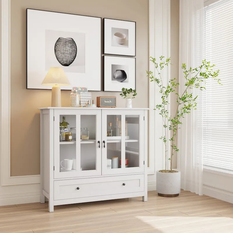 Buffet storage cabinet with double glass doors and unique bell handle