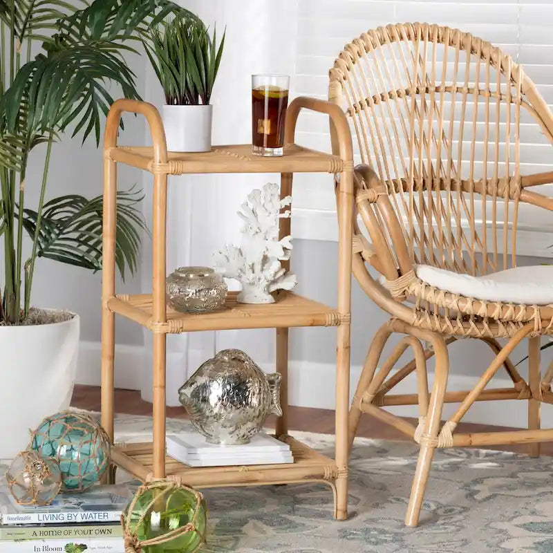 Barras Bohemian Natural Brown Finished Rattan 3-Tier Display Shelf
