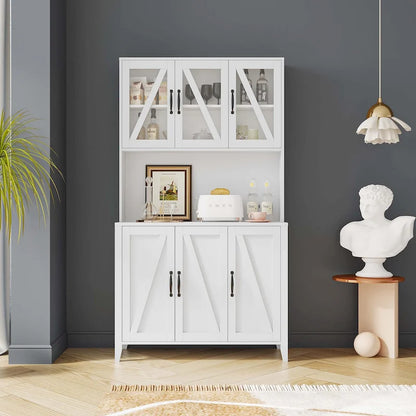 Large Kitchen Pantry Storage Cabinet with Glass Doors,Drawers & Open Shelves